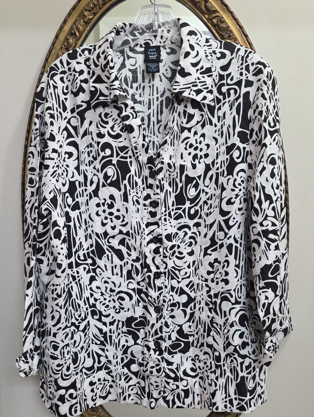Saint Tropez West 100% Linen Black White Floral-Print Loose Button Down Shirt XL
